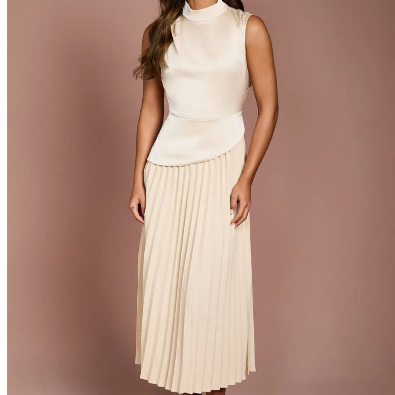 Coast , Drape High Neck Pleated Skirt Midi Dress