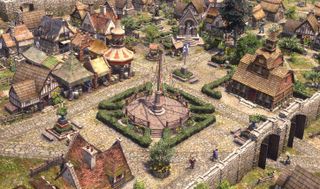 Medieval city with festival pole