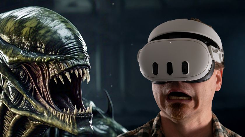 Wearing a Meta Quest 3 headset and screaming while an AI-generated Xenomorph hisses behind me