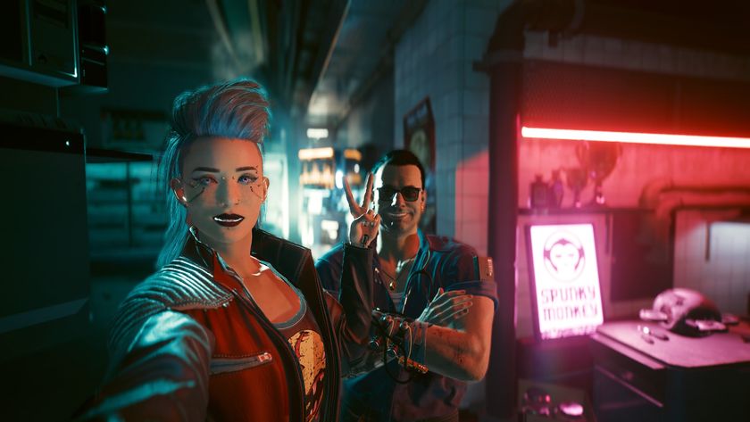 Cyberpunk 2077 screenshot of female V taking a selfie with Viktor Vektor in his cyberware shop