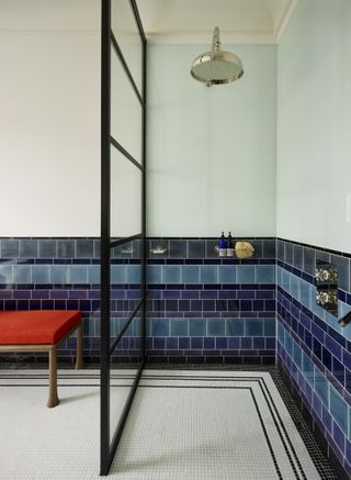 walk in shower with blue and white tiles, glass door, storage, brass shower