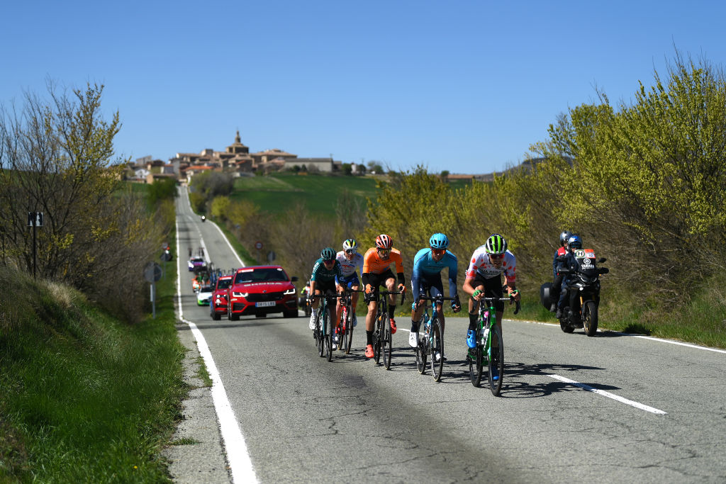 LEITZA SPAIN APRIL 04 Javier Romo Oliver of Spain and Astana Qazaqstan Team Jesus Ezquerra Muela of Spain and Team BurgosBH Jon Barrenetxea Golzarri and Team Caja RuralSeguros RGA Polka Dot Mountain Jersey Carlos Garcia of Spain and Team Equipo Kern Pharma Txomin Juaristi of Spain and Team EuskaltelEuskadi and Alan Jousseaume of France and Team TotalEnergiescompete in the breakaway during the 62nd Itzulia Basque Country 2023 Stage 2 a 1938km stage from Viana to Leitza UCIWT on April 04 2023 in Leitza Spain Photo by David RamosGetty Images