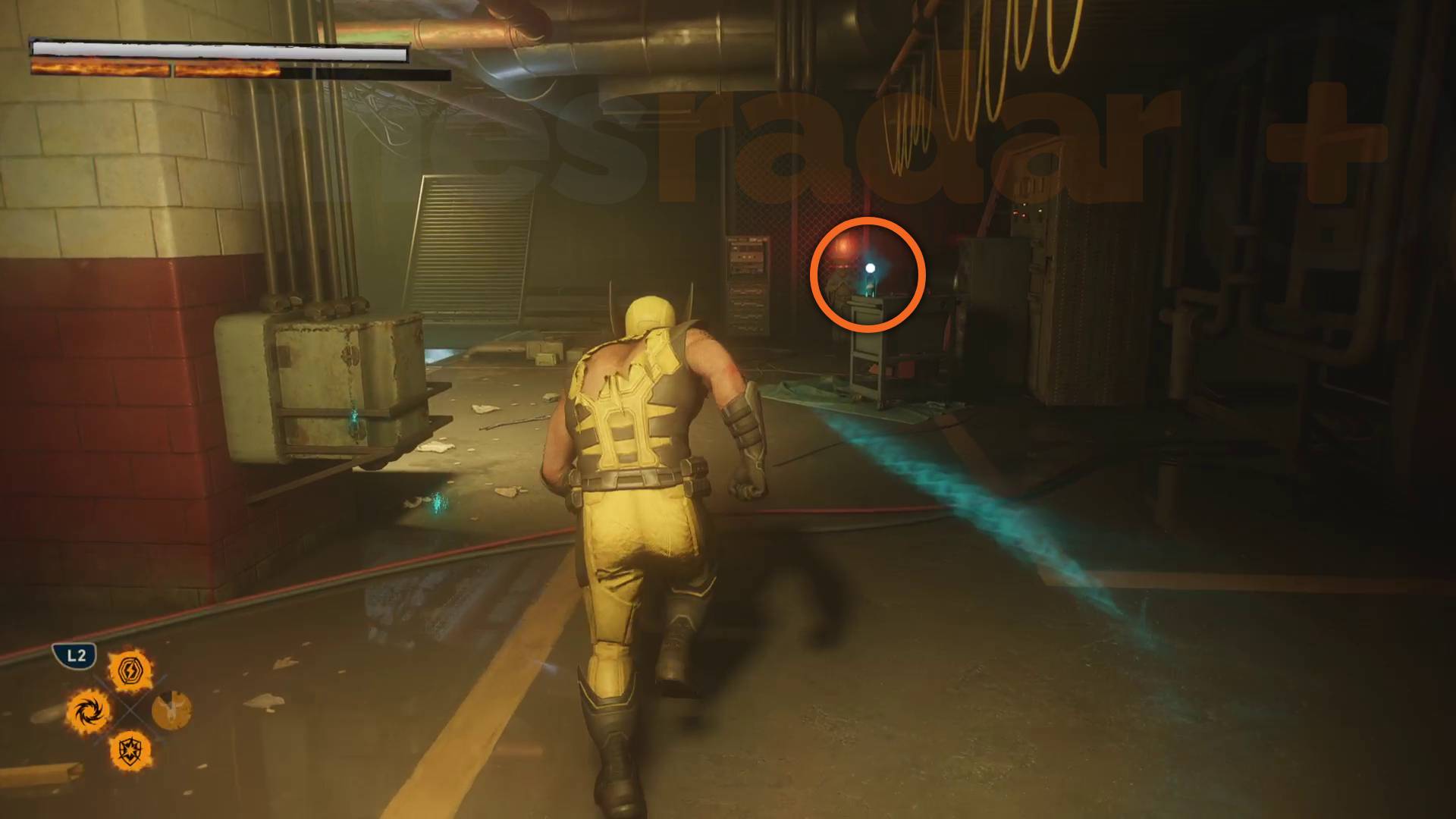 Marvel's Wolverine whiskey bottle on top of tool cart in a corridor in Death Comes To Death