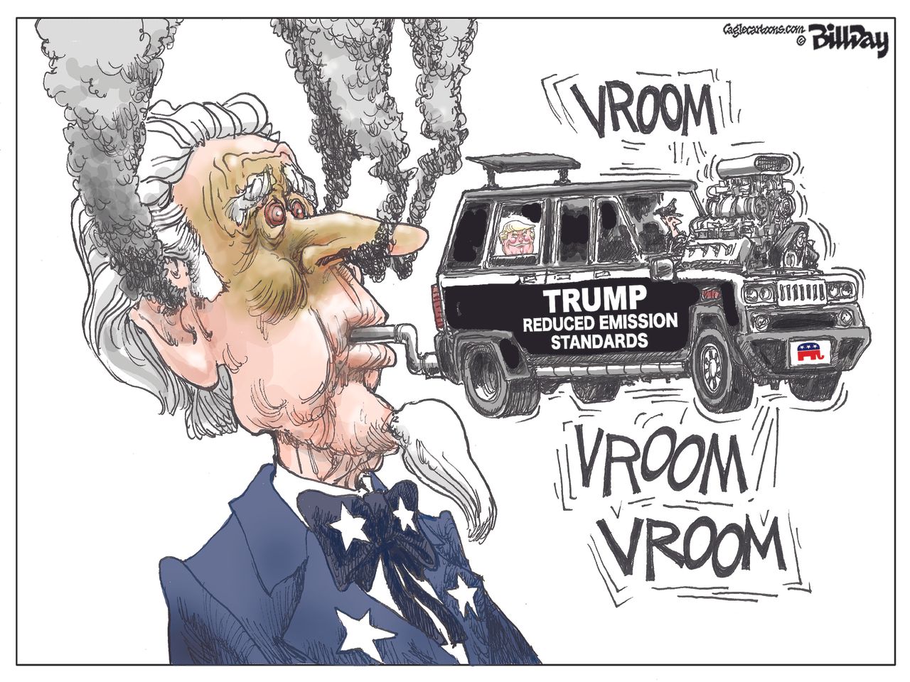 Political cartoon U.S. Trump emission standards reduction fumes