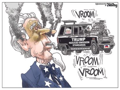 Political cartoon U.S. Trump emission standards reduction fumes