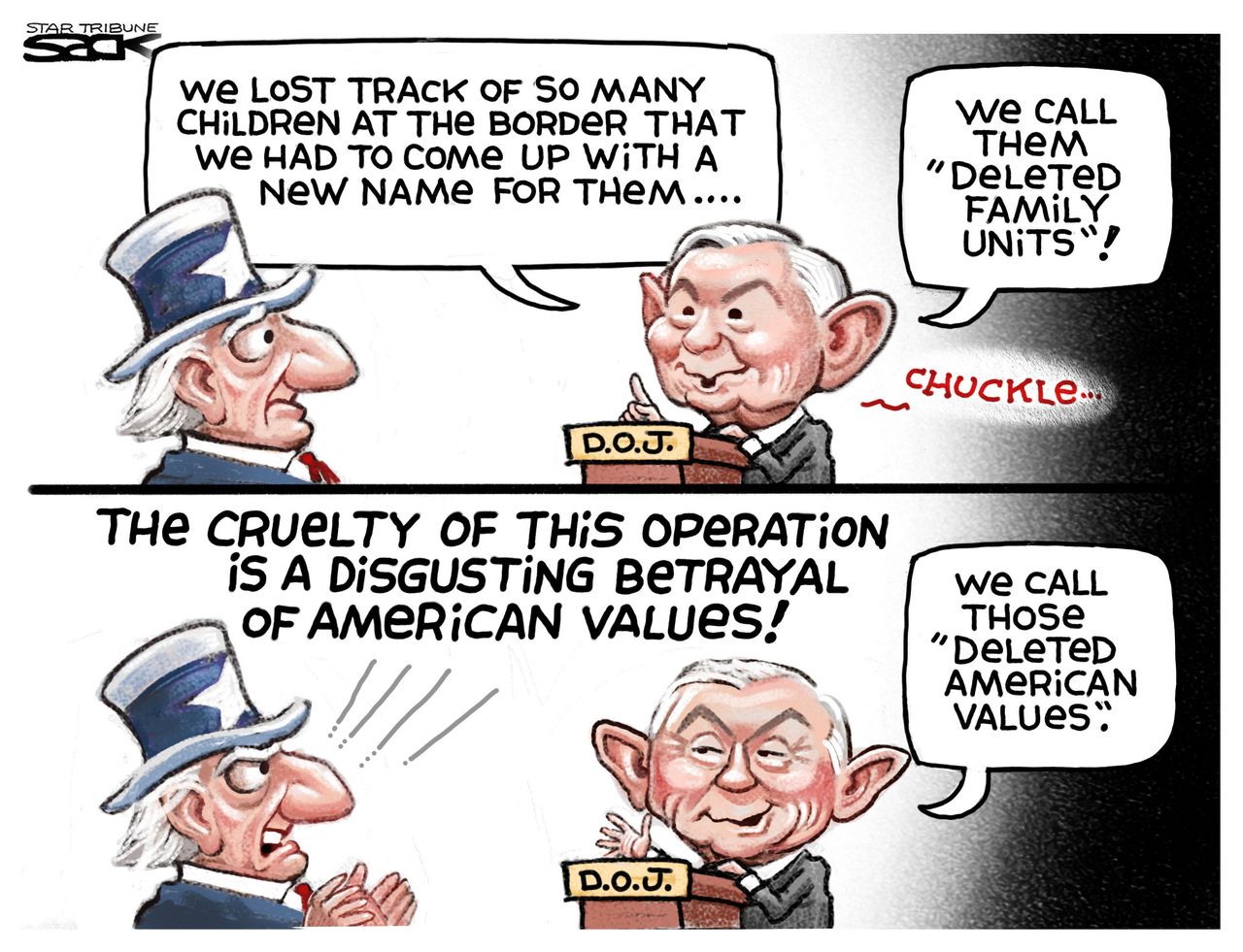 Political cartoon U.S. Jeff Sessions family separation border migrant children ICE American values