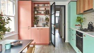 pink and green retro style ply kitchen with wood flooring a fine example of combination paint color ideas for a kitchen