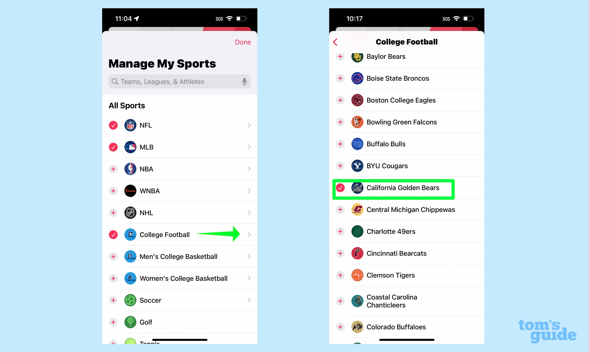 Как настроить мой спорт в новостном приложении iPhone в iOS 16 — найти команды в определенных лигах