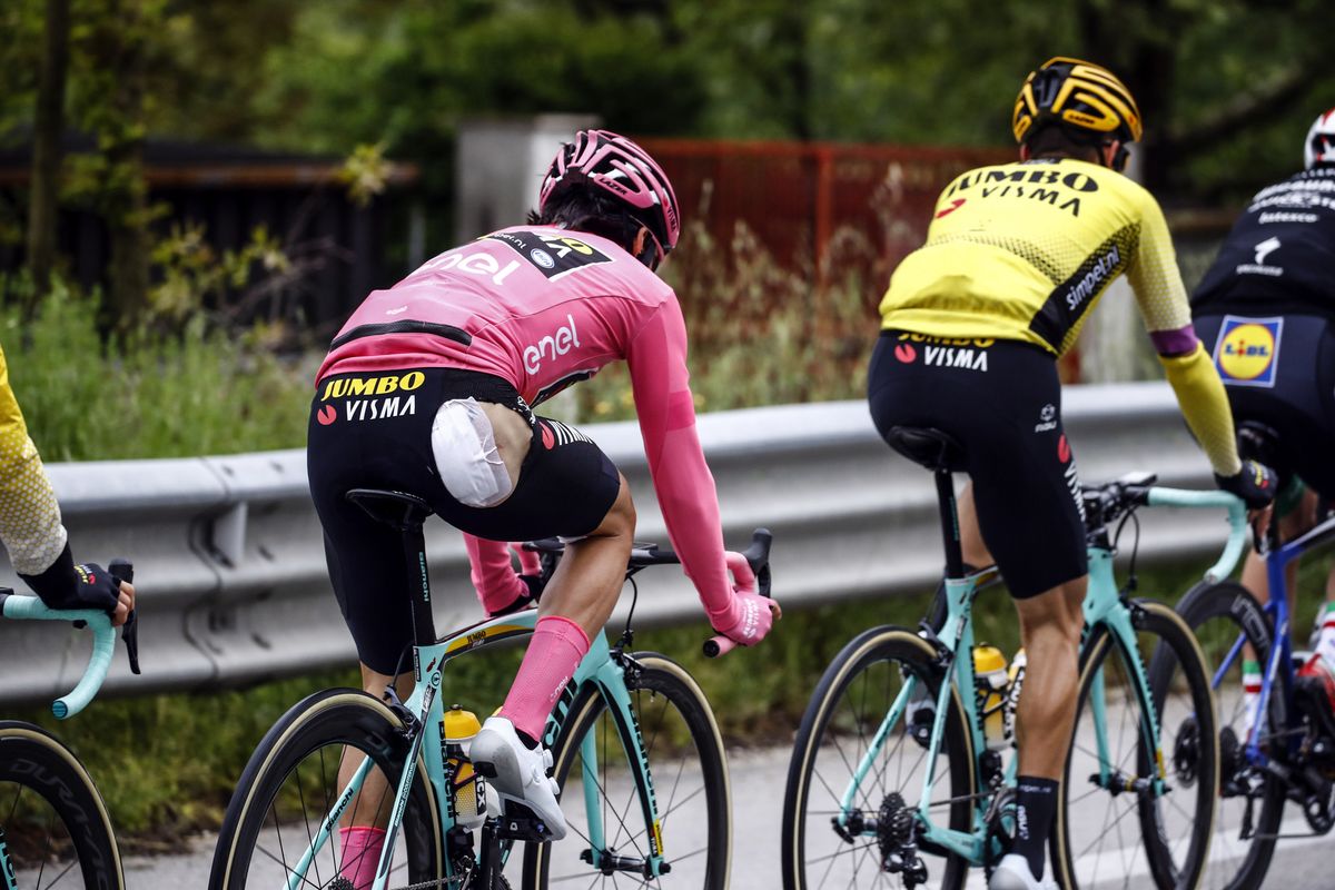 Primoz Roglic (Jumbo-Visma) exposed after tearing his shorts in the crash