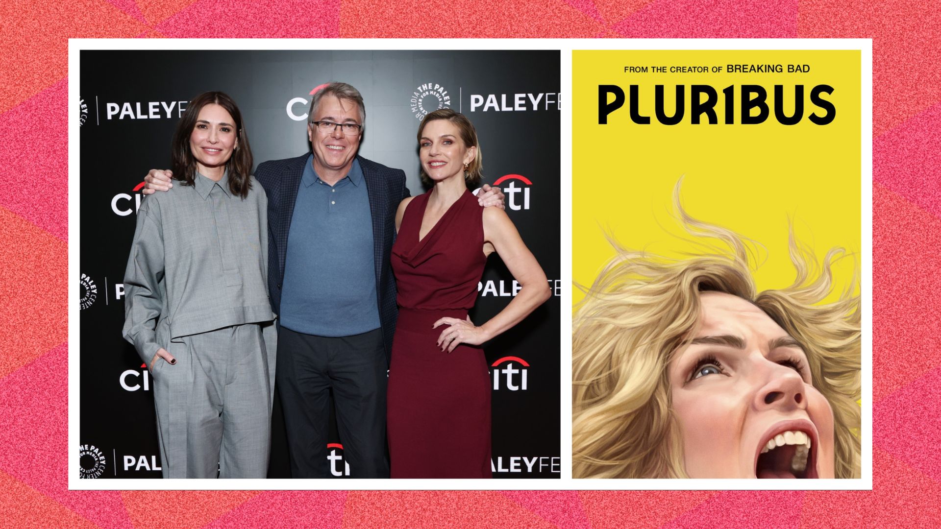 The Pluribus poster combined with Karolina Wydra, Vince Gilligan and Rhea Seehorn attend Apple TV's "Pluribus" during PaleyFest NY 2025 at The Paley Museum
