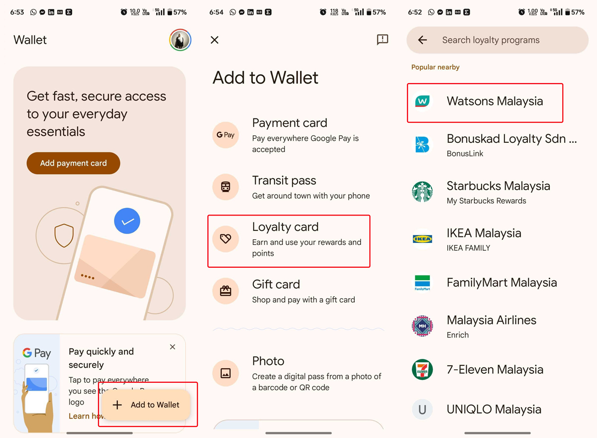 Google Wallet app showing steps to add pass via bardcode scanning