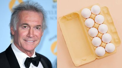 Dr Hilary Jones next to image of a 10-pack of white eggs