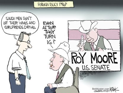 Political cartoon US. Roy Moore sexual assault Saudi Arabia women driving