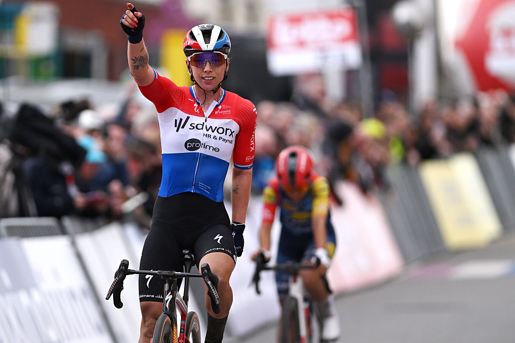 OETINGEN, BELGIUM - MARCH 11: Lorena Wiebes of Netherlands and Team SD Worx - Protime celebrates at finish line as race winner during the 6th GP Oetingen 2026 - Women&amp;apos;s Elite a 140km one day race from Sint-Pieters-Leeuw to Oetingen on March 11, 2026 in Oetingen, Belgium. 