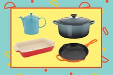 a Le Creuset casserole dish, skillet pan, roasting pan and teapot in the Cyber Monday sale