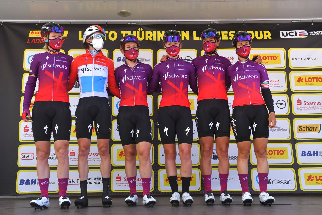 SCHMOLLN GERMANY MAY 25 Chantal Van Den Broek Blaak of Netherlands Amy Pieters of Netherlands Jolien Dhoore of Belgium Lonneke Uneken of Netherlands Christine Majerus of Luxembourg Elena Cecchini of Italy and Team SD Worx at start during the 34th Internationale LOTTO Thringen Ladies Tour 2021 Stage 1 a 899km stage from Schmolln to Schmolln ltlt2021 lottothueringenladiestour womencycling on May 25 2021 in Schmolln Germany Photo by Luc ClaessenGetty Images
