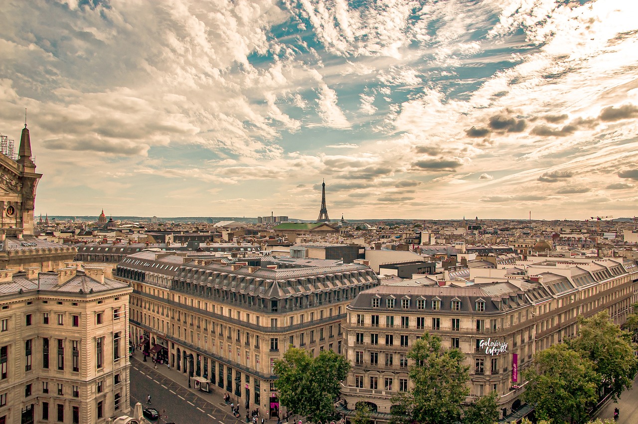A photograph of Paris with the Eiffel Tower in the background and the city's streets in the foreground.