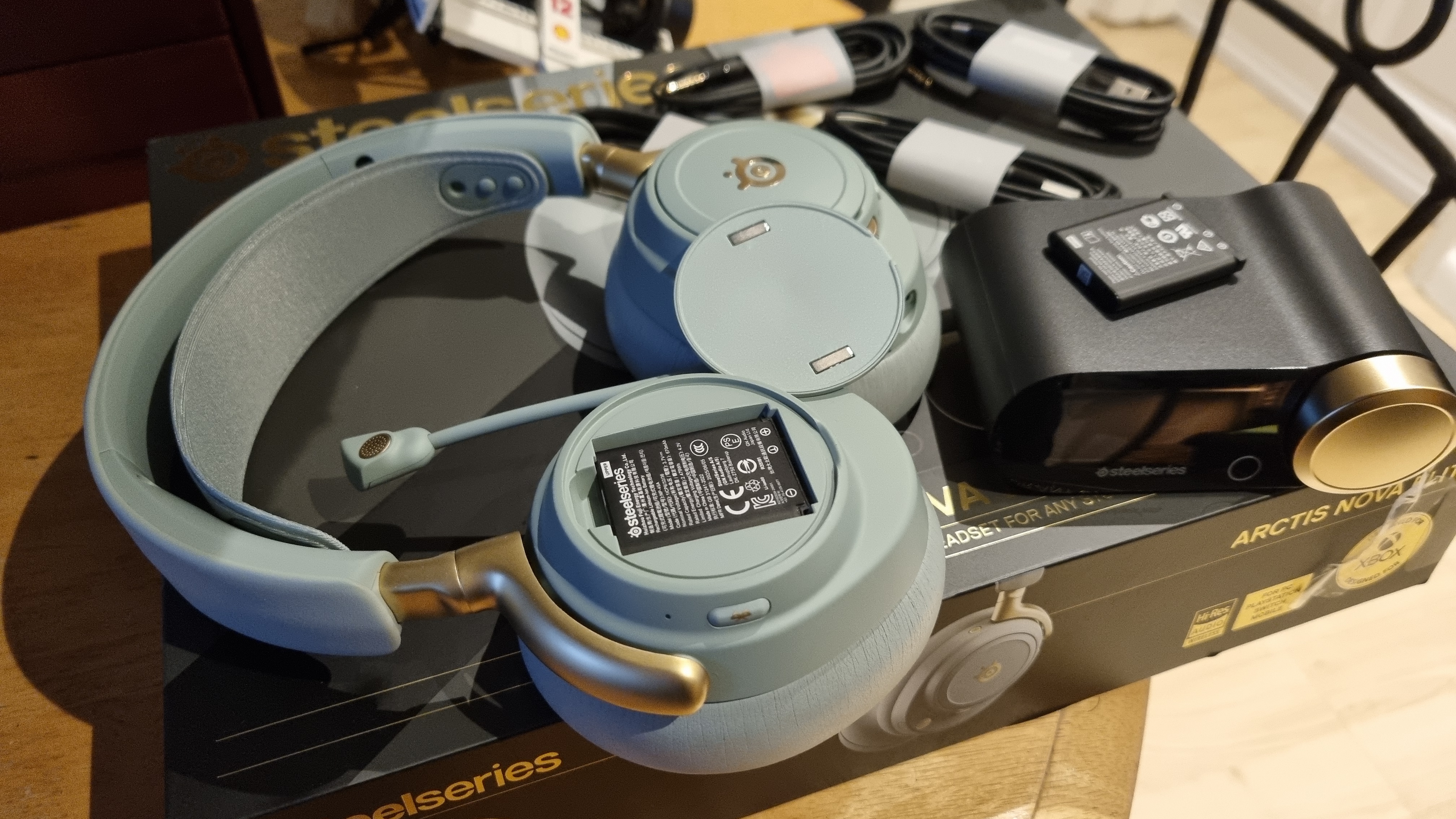 The SteelSeries Arctis Nova Elite gaming headset fresh out of its box, with included Game Hub DAC