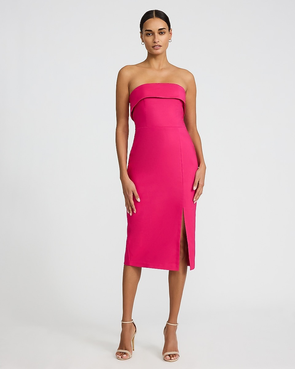 Express, Stretch Cotton Fold Over Strapless Midi Sheath Dress