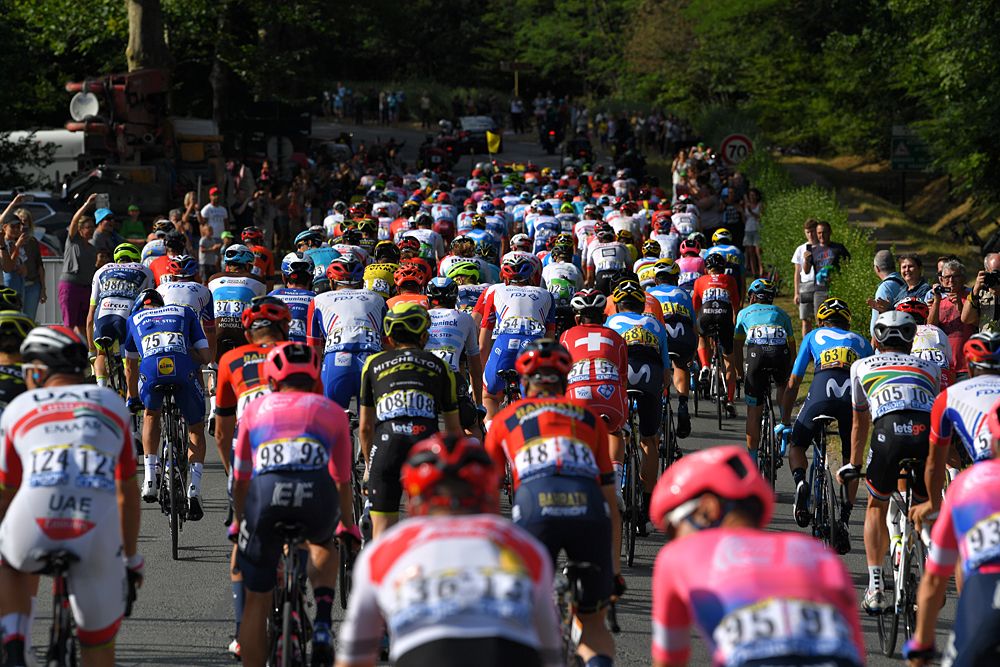 The peloton racing in Paris, stage 21 at the Tour de France