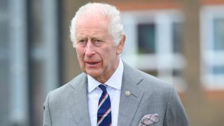 King Charles III walks during the official handover in which King Charles III passes the role of Colonel-in-Chief of the Army Air Corps to Prince William