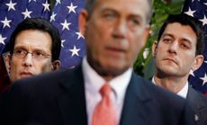 House Majority Leader Eric Cantor and House Budget Committee Chairman Paul Ryan listen to Speaker of the House John Boehner.