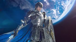 A knight stands in front of the moon from Final Fantasy 14