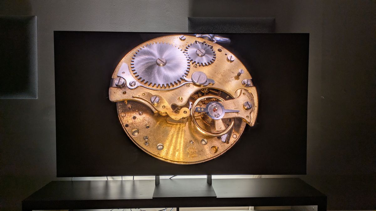 Sony Bravia 7 II with a shot of the inner mechanisms of a pocket watch on screen