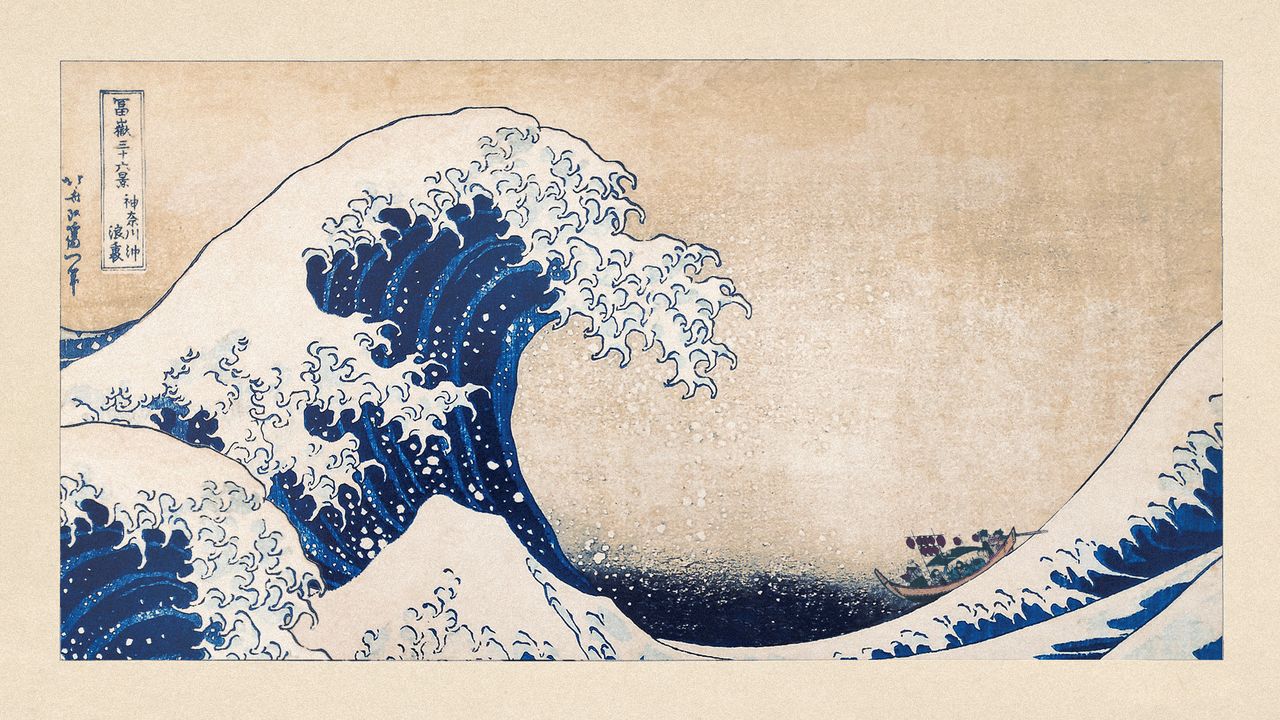 Illustrative collage of Hokusai&#039;s &quot;The Great Wave of Kanagawa&quot;, trimmed and scaled up. The boats from the original have been replaced with one tiny boat, about to be swallowed by the wave.