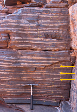 Rhythmically alternating layers of white, reddish and/or blueish-grey rock at an average thickness of about 10 cm (see arrows). The alternations, interpreted as a signal of Earth’s precession cycle, help us estimate the distance between Earth and the moon 2.46 billion years ago.