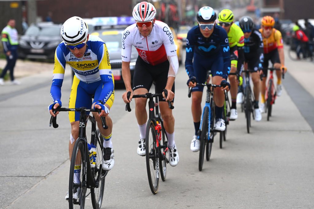 WEVELGEM BELGIUM MARCH 27 LR Lindsay De Vylder of Belgium and Team Sport Vlaanderen Baloise and Jelle Wallays of Belgium and Team Cofidis compete in the breakaway during the 84th GentWevelgem in Flanders Fields 2022 Mens Elite a 2488km one day race from Ypres to Wevelgem GWE22 WorldTour on March 27 2022 in Wevelgem Belgium Photo by Tim de WaeleGetty Images