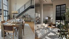 Two pictures of an apartment with light gray walls: One of a dining room and one of a living room