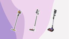 Three of the best cordless vacuums on a purple background