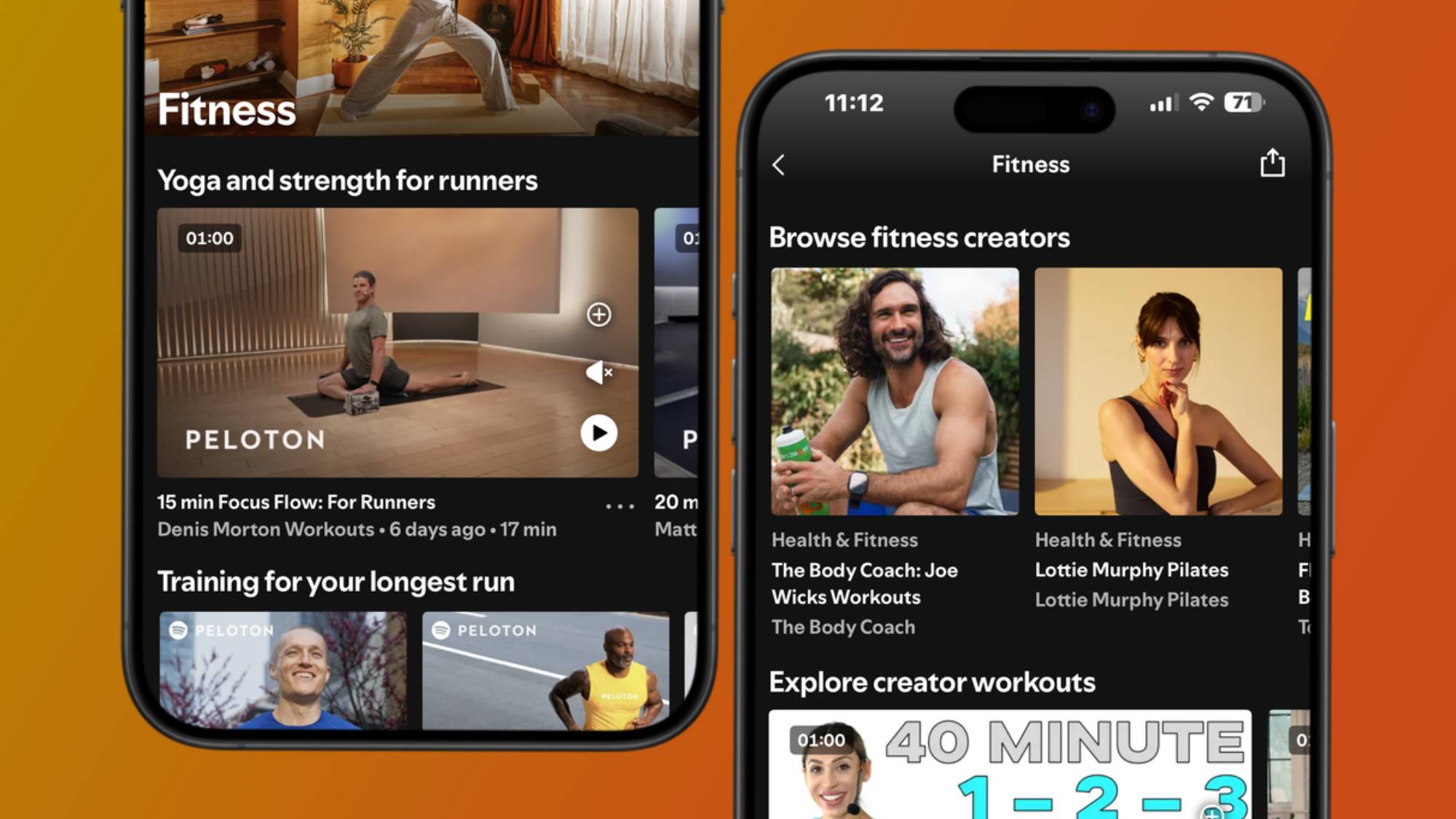 Two smartphones showing Spotify's fitness hub