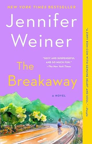 'The Breakaway' by jennifer weiner book cover with a person biking down a mountainous trail