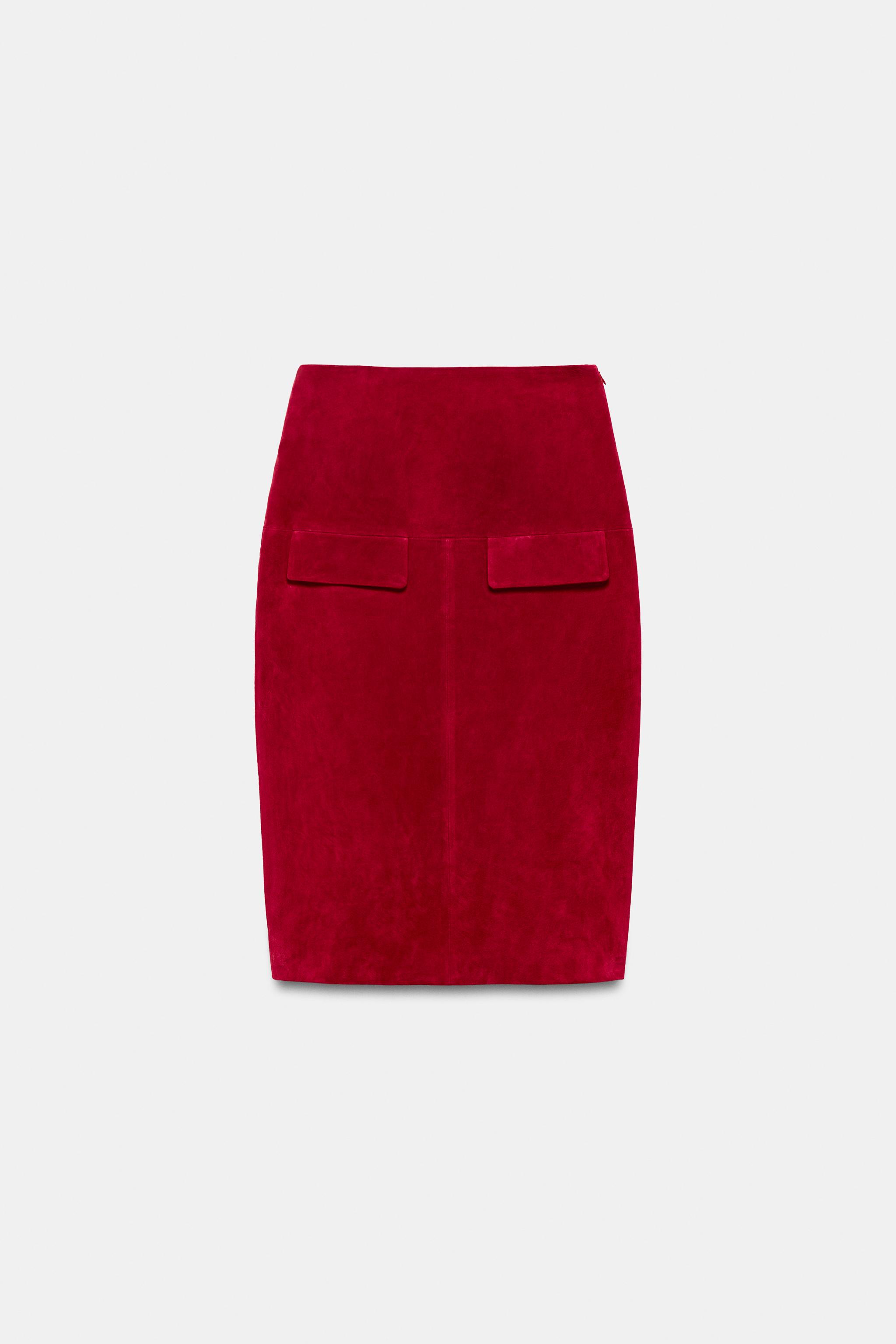 100% Leather Midi Skirt - Bright Red - Xs