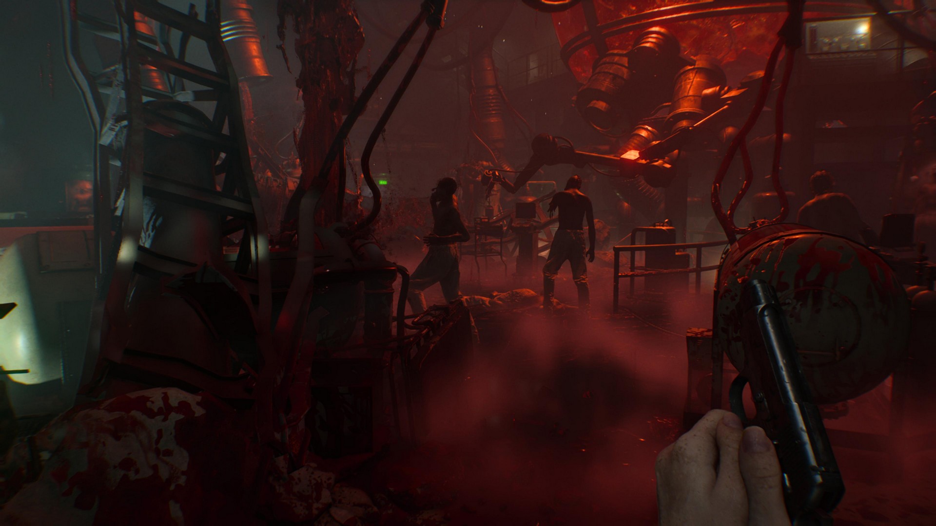 The care center lab in Resident Evil Requiem is flooded with blood as zombies walk around