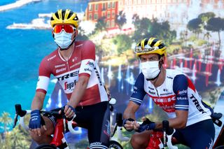 NICE FRANCE AUGUST 30 Start Toms Skujins of Latvia and Team Trek Segafredo Richie Porte of Australia and Team Trek Segafredo Mask Covid safety measures Team Presentation during the 107th Tour de France 2020 Stage 2 a 186km stage from Nice Haut Pays to Nice TDF2020 LeTour on August 30 2020 in Nice France Photo by Thibault Camus PoolGetty Images