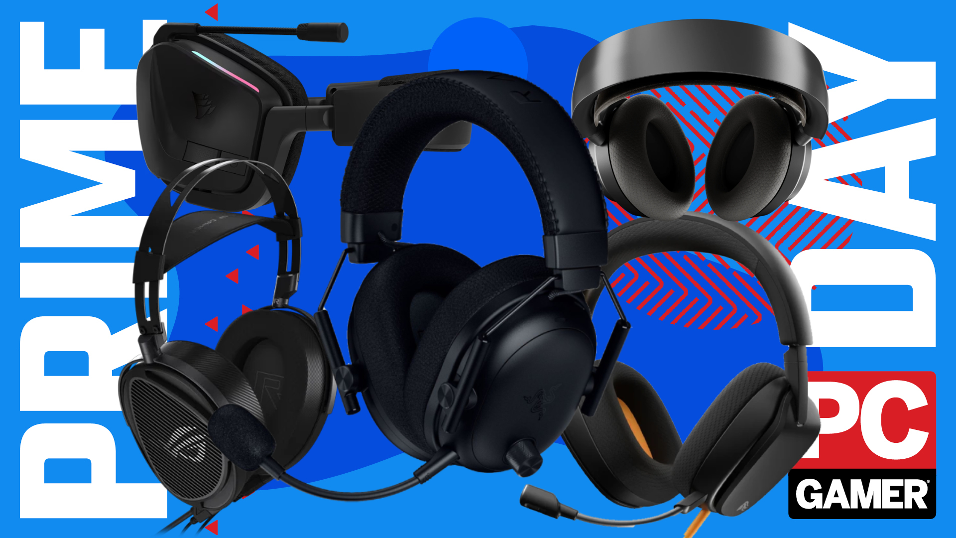 A selection of gaming headsets on a blue background