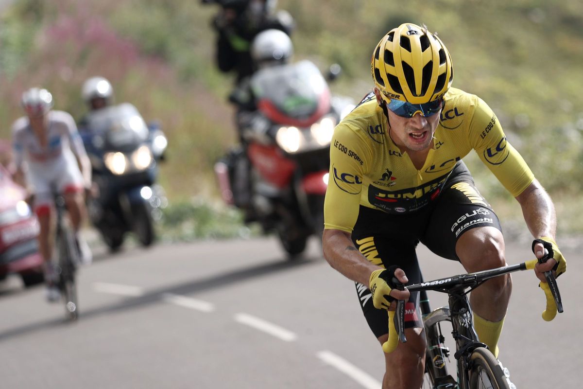 Primoz Roglic wearing the overall leader&#039;s yellow jersey at the 2020 Tour de France 