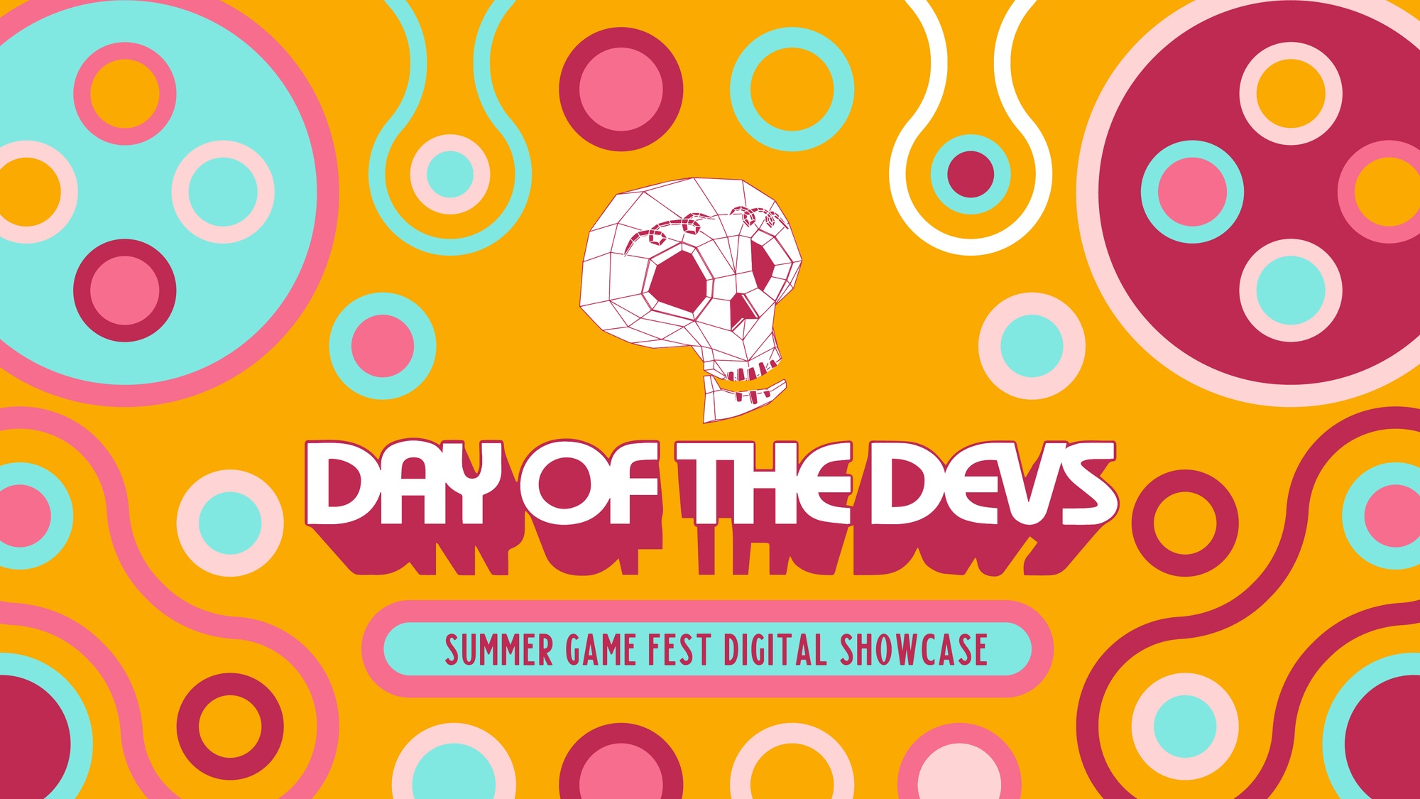 Bright graphic with a geometric skull, retro circles, and text reading "Day of the Devs" and "Summer Game Fest Digital Showcase" on an orange background.