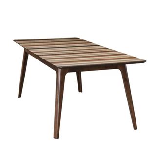 A dark brown wooden rectangular table with four legs and a ridged top