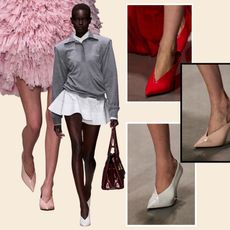 collage of women wearing high-vamp heels on the Spring 2026 runway 