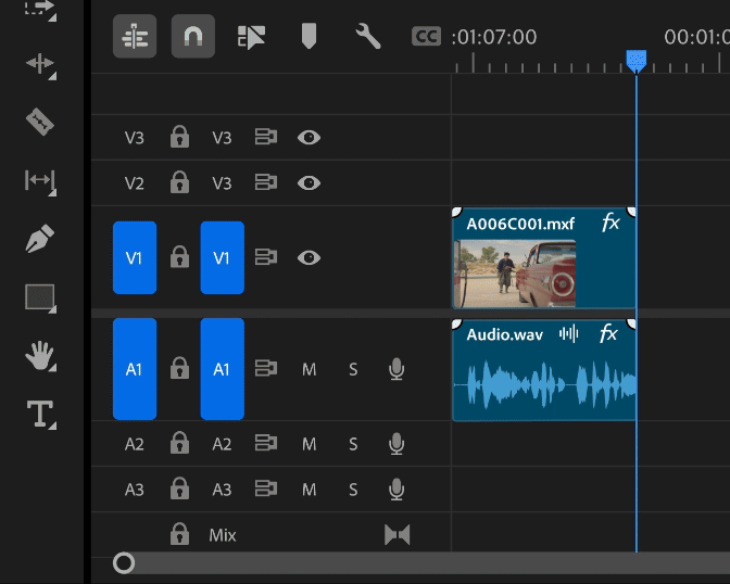 Adding elements to a Premiere Pro timeline for a video of a samurai staggering next to a red car