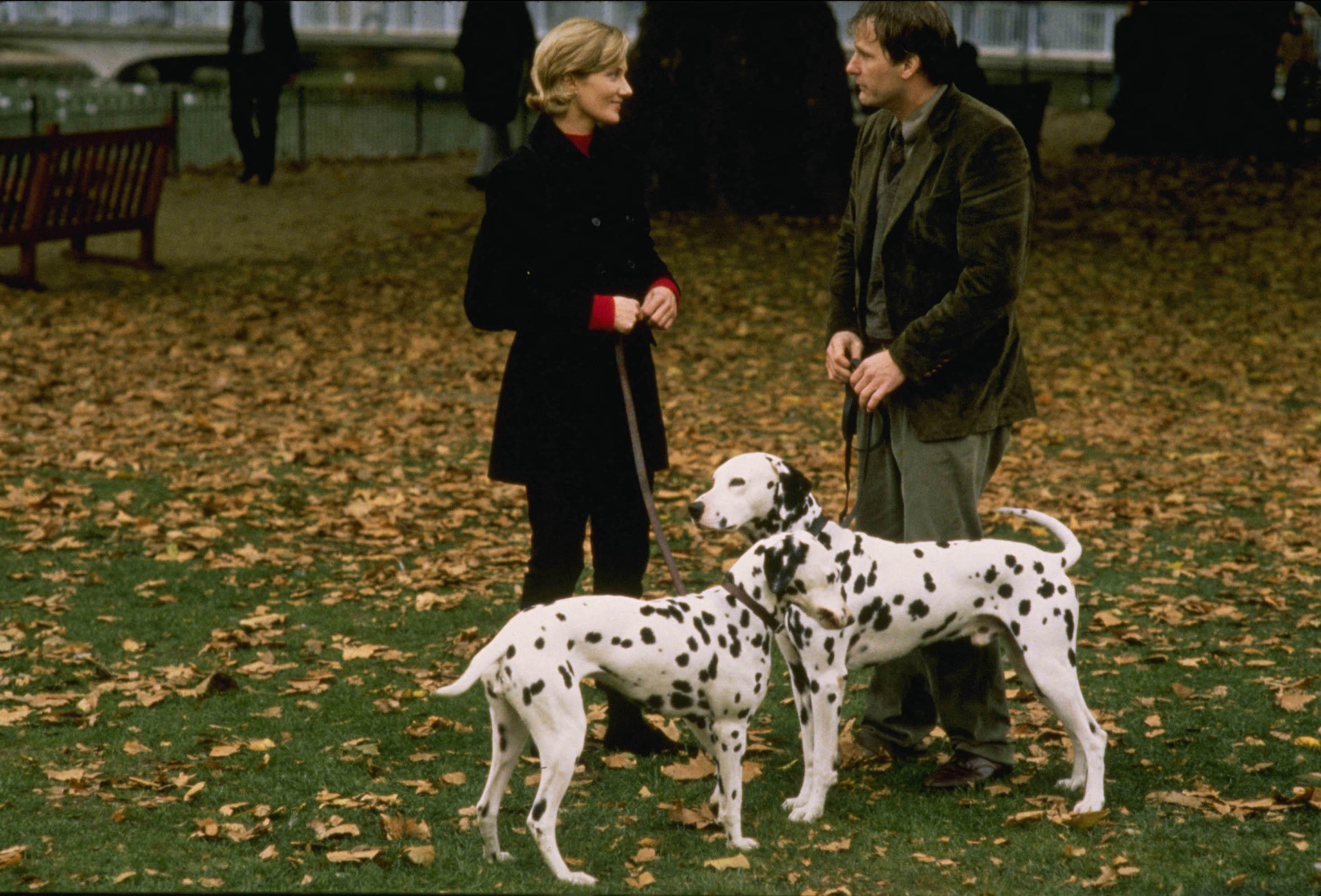 A man and woman stand talking in a park while holding the leads of two dalmatians, with autumn leaves scattered across the grass from the film 101 dalmatians