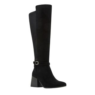 flat lay image of black knee high boots