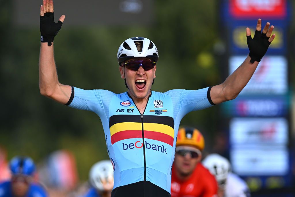 HASSELT BELGIUM SEPTEMBER 15 Gold medalist Tim Merlier of Team Belgium celebrates winning during the 30th UEC Road Cycling European Championships 2024 Mens Elite Road Race a 2228km one day race from HeusdenZolder to Hasselt on September 15 2024 in Hasselt Belgium Photo by Luc ClaessenGetty Images