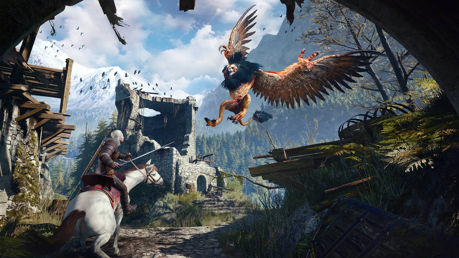 In the Witcher 3, Geralt of Rivia rides on horseback in pursuit of a Griffin that's poised to attack