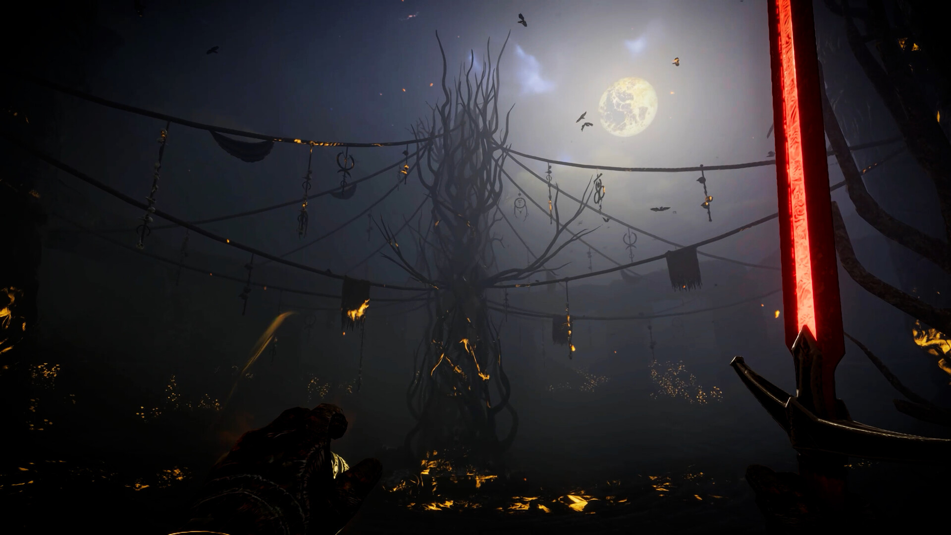 Tainted Grail: The Fall of Avalon screenshot showing the player approaching a wooden structure with a red-pulsating blade.