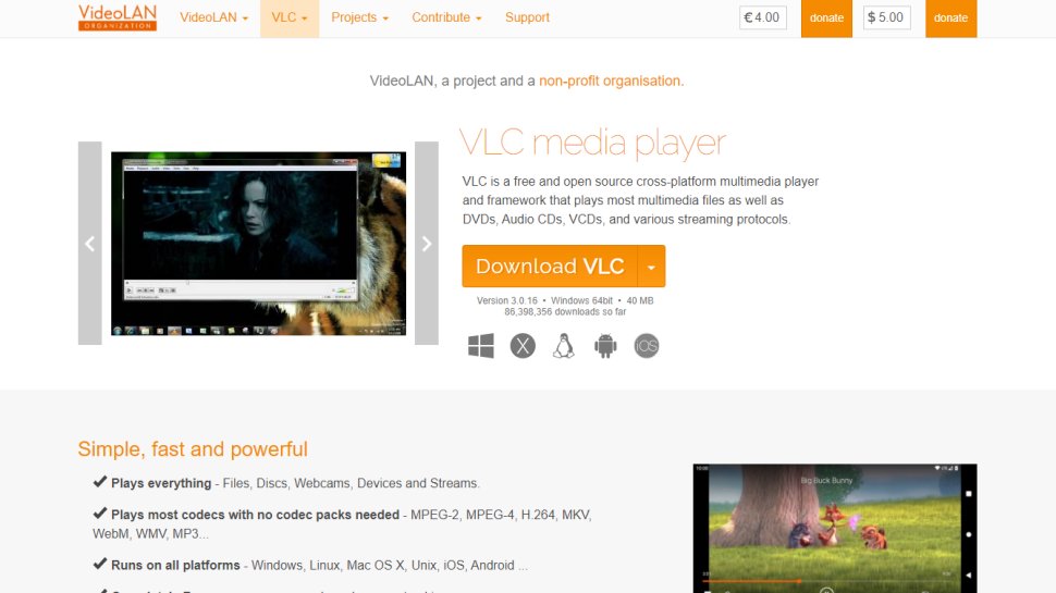 Website screenshot for VLC Media Player